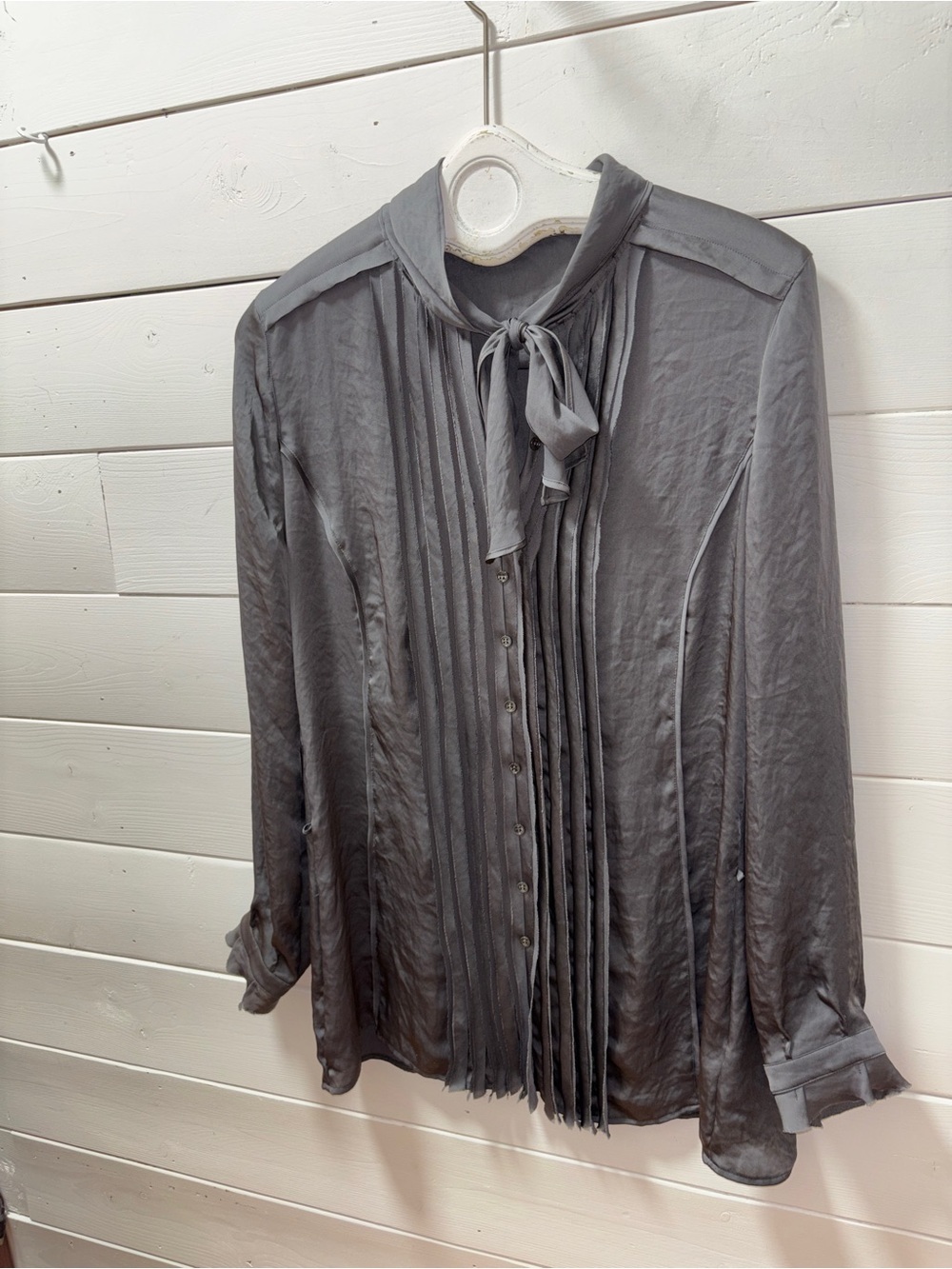 LUISA CERANO Gray Satin Tie-Neck Blouse Size 10 - Picture 8 of 12